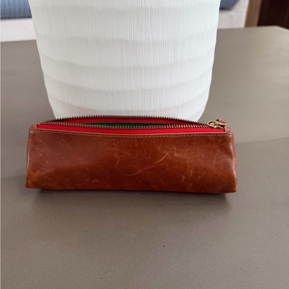 Leather Key & Card Holder Pouch - Brown with Red Trim